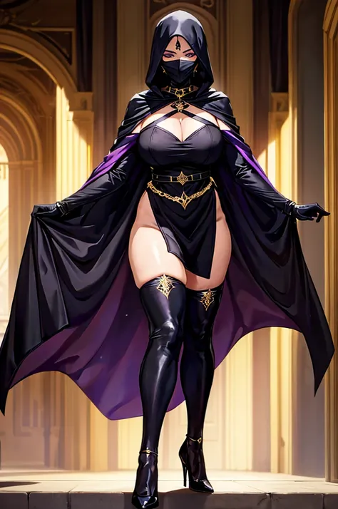 image of a 59ft tall woman. She is wearing a black cape with a black hood, a purple robe, black fingerless gloves, black thigh high heels. She is also wearing a golden face mask that covers her entire face. There is also feathers on her left shoulder of he...