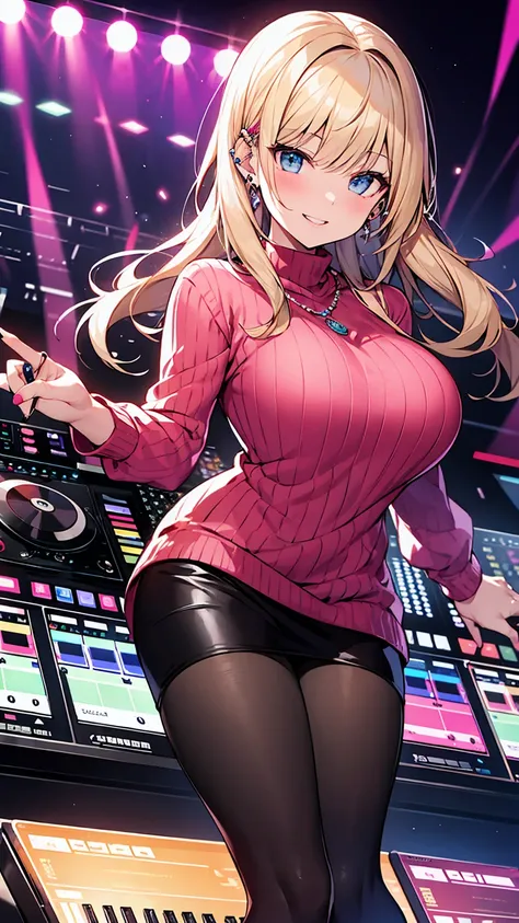 highest quality、4k、masterpiece、Blonde ponytail、Slanted Eyes、blue eyes、Pale skin、Gal、Pink Sweater、topless、Sapphire Necklace、Have many ear piercings、Pink Lips、Heavy makeup、Large Breasts、Short skirt、Knee-high boots、DJing live、DJ Turntable、synthesizer、mixer、Be...