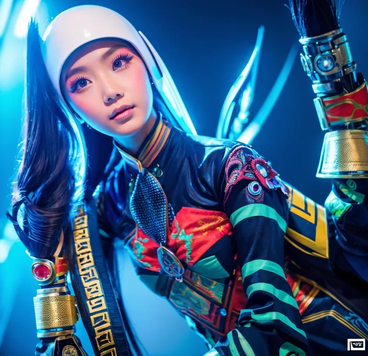 Girl in Indonesian futuristic costume，It embodies cultural fusion and modern fashion.. スーツは複雑な模様とBright colors彩で装飾されている, Showcasing Indonesia&#39;s rich cultural heritage. The girl stood confidently，Take dynamic poses, Her attentive eyes reflect determinat...