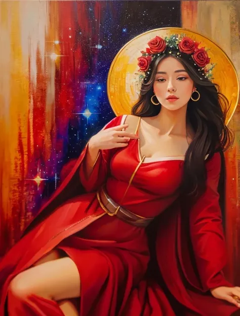 Impasto oil painting of a woman, profile , Look at the front,prayer、Join hands、 She has a red rose in her hair around her ear, background cosmos,Red Galaxy、 Close-up, Hyperrealistic oil painting. Masterpiece of Art.