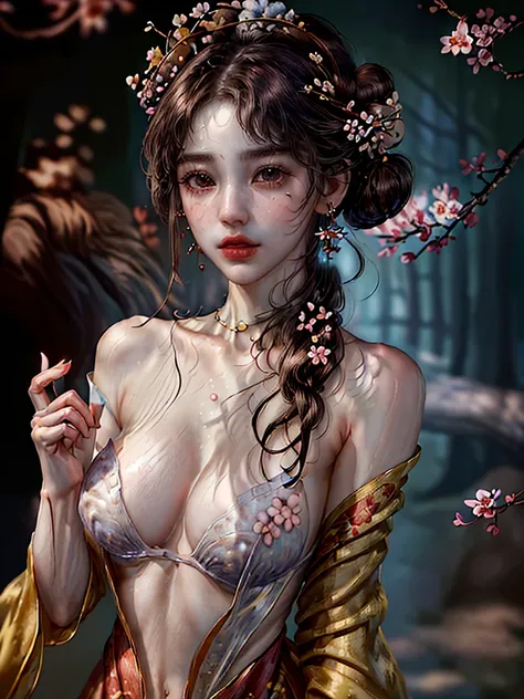 masterpiece,extremely detailed CG unity 8k wallpaper,1girl, beautiful, realistic, blurry, blurry_background, blurry_foreground, branch, brown_hair, plum blossom, depth_of_field, earrings, flower, jewelry, nose, realistic, solo,chinese clothes,fingers hidde...