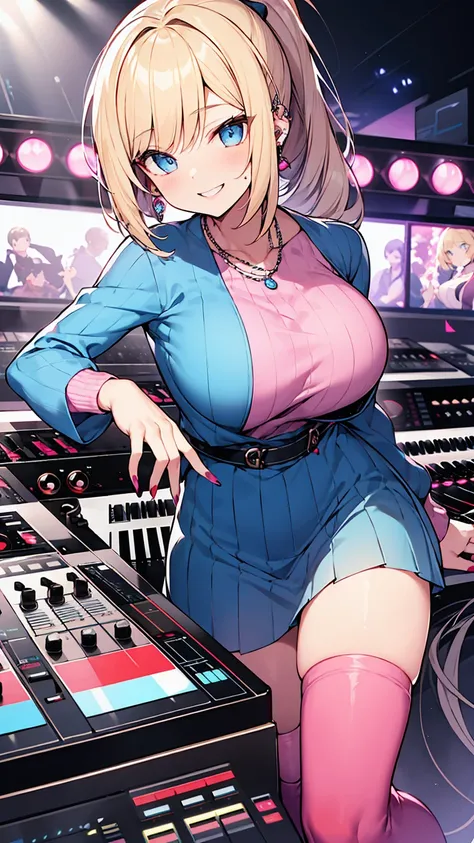 highest quality、4k、masterpiece、Blonde long ponytail、Slanted Eyes、blue eyes、Pale skin、Gal、Pink Sweater、topless、Sapphire Necklace、Have many ear piercings、Pink Lips、Heavy makeup、Large Breasts、Short skirt、Knee-high boots、DJing live、DJ Turntable、synthesizer、mix...