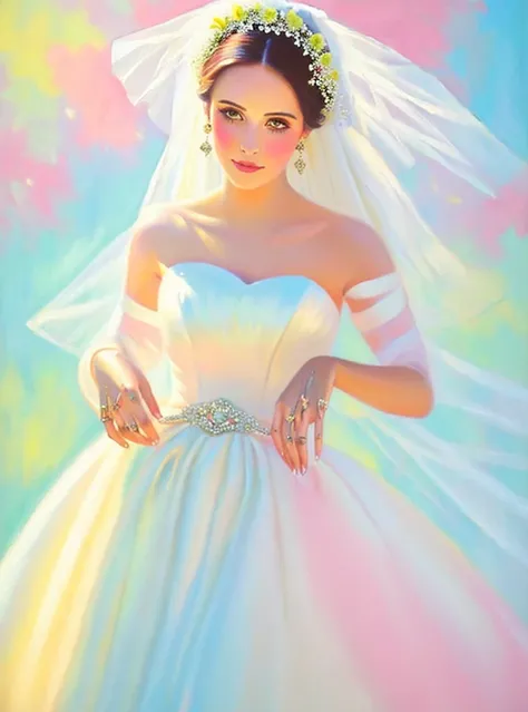 (highest quality), (((Painting of a bride))), ((Bright design)) , ((pastel colour)),((Drops of ink)),(Autumn Light :0.8)