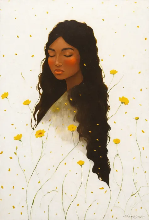 Capture the essence of pure serenity and natural beauty in an awe-inspiring oil painting that transports viewers into a dreamlike world where a girl finds solace amidst a sea of Paper Daisies. Imagine a tranquil meadow bathed in the soft glow of the settin...