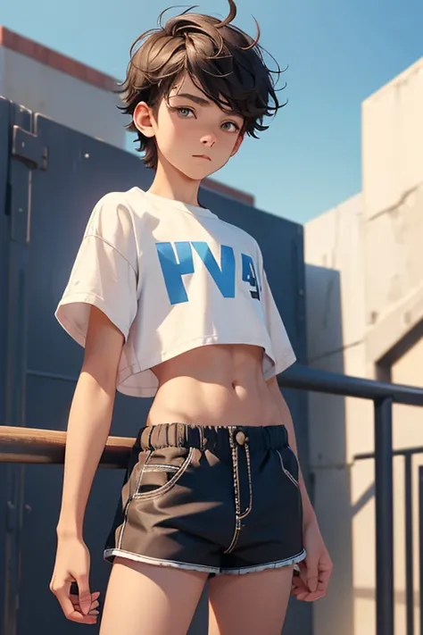 Teen boy 14 years old, boy wears a crop top and too very short shorts,