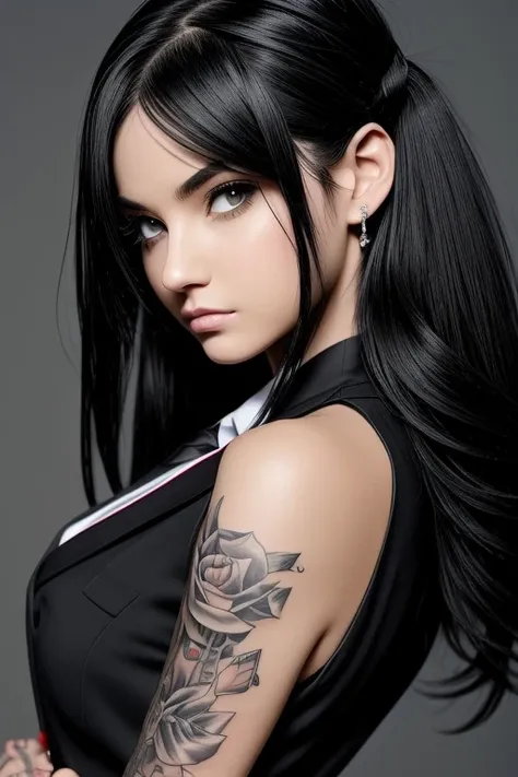 emo, emo girl, black hair, cute, tattoos, close up, a teacher in a sharp suit stands confidently, her attire tailored to perfection, her gaze is focused and intelligent, expressive lips offer a hint of approachability to her sophisticated demeanor, flat co...