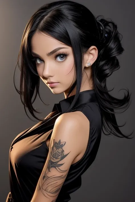 emo, emo girl, black hair, cute, tattoos, close up, a teacher in a sharp suit stands confidently, her attire tailored to perfection, her gaze is focused and intelligent, expressive lips offer a hint of approachability to her sophisticated demeanor, flat co...