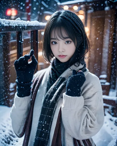 highest quality、masterpiece、超A high resolution、Raw photo、(Photorealistic:1.4)、1 girl、Watching the snow fall quietly. Her introspective, tearful expression、It gives a sense of longing and melancholy for winter nights.。。。。。。。。、highest quality、Hyper HD、Yoshit...