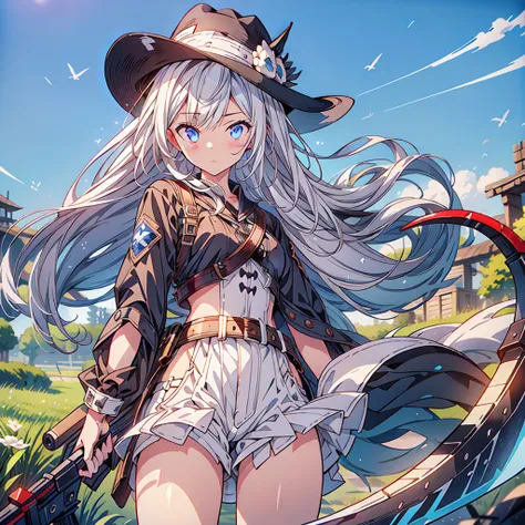 highest quality、masterpiece、official art、the best composition、western hat、western boots、white bustier、hot pants、gun hanging from...