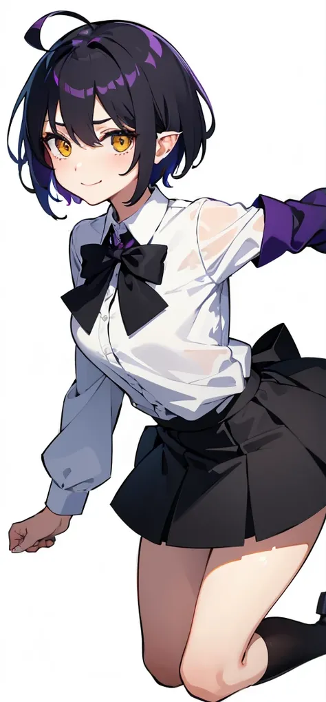 Simple white background, whole body, upright, front, shoes, One Woman, Black hair mixed with purple, Short hair to the shoulders, Hair between the eyes, Ahoge, Yellow Eyes, Pointed Ears, tight white shirt with black bow tie, tight black skirt, Place your a...