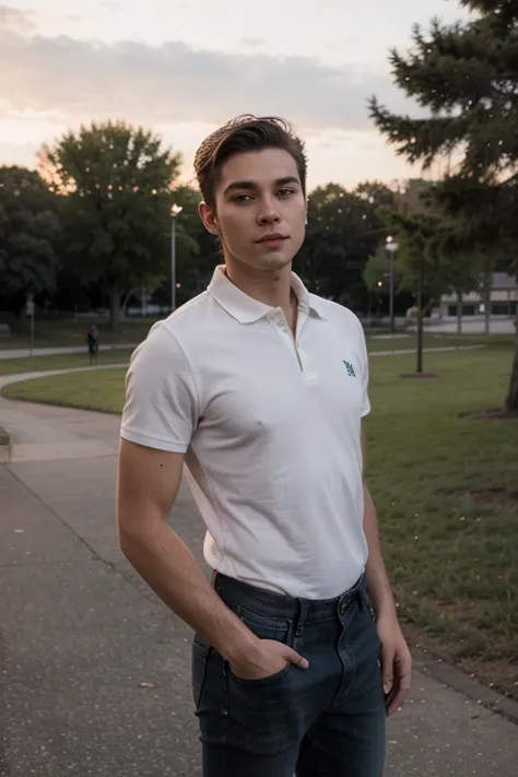 Attractive young guy, tall,wearing a white polo, black jeans, at the park sunset, wolf cut