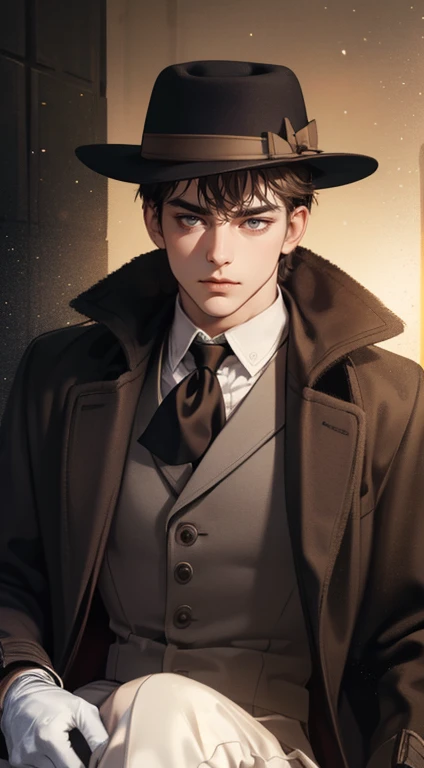 masterpiece, best quality, realistic, 1man, mature male, quiet and charming young man, 25 years old, close his eyes, serious look, extremely detailed face, ((dark grey eyes)), ((short-right-swept dark brown hair)), [thick eyebrows], detective, ((Dressed in...