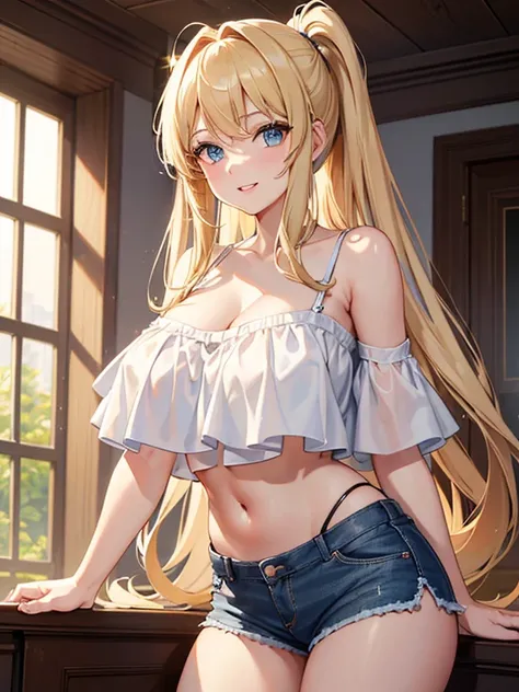 ((masterpiece, best quality, highest quality, ultra-detailed, 32K cg wallpaper, high resolution)),1 woman,golden hair,light blue eye,very long ponytail hair,center parted bangs,huge breasts,smile,parted lips, light green camisole, bare shoulders, cleavage,...