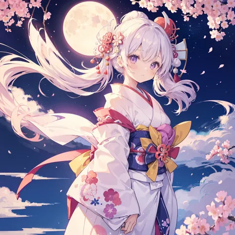 1 sticker, sticker, nikkaze, (cute girl), (gorgeous kimono), (gorgeous hair accessory), (Japanese traditional hairstyle), cherry blossoms, clouds, behind is a huge round moon, stars, white background, no background, simple background, minimal, cute, tiny, ...