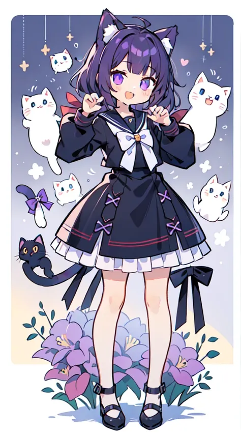 1 girl in、((full body Esbian、Standing picture:1.2)), top-quality、masutepiece、Purple hair, Longhaire, ((Two knots)), Cats ears、Black sailor suit、Purple Ribbon、A smile、Cat Pose、A smile that opens its mouth a little、white backgrounid