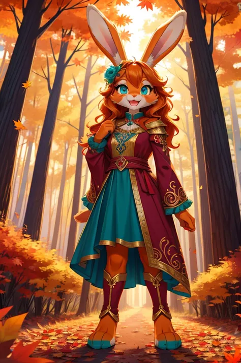 bright colors, fantasy style art, looking at viewer, facing viewer, beautiful anthropomorphic female bunny, mature and young, tall character, 5 feet 11 inches tall, fluffy bunny fur, furry fluffy skin, bunny paws, bunny feet, teal eyes, orange fur, orange ...