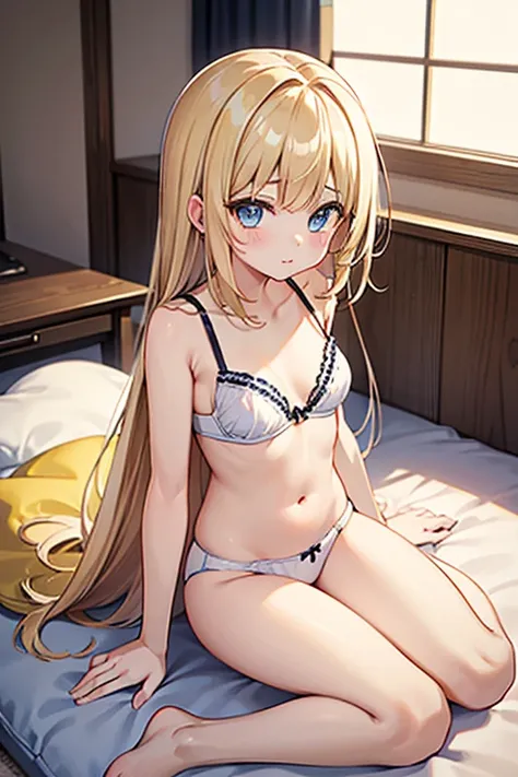 masterpiece, highest quality, High resolution, 6-year-old girl、blue eyes、
blonde,  Braiding、Long Hair、White bra、White panties、Japanese-style room、futon、Sitting cross-legged、Stand up straight