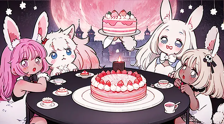 official art, unity 8k wallpaper, ultra detailed, beautiful and aesthetic, High quality, beautiful, masterpiece, best quality, (zentangle, mandala, tangle, entangle:0.6), flat color, limited palette, low contrast, a cute girl serving cake to demons, pink, ...