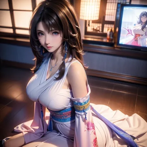 Final fantasy (Yuna) Anime girl with brown hair and a white kimono dress holding her necklace, beautiful character painting, soft anime CG art, realistic anime art style, beautiful anime portrait, beautiful anime woman, photorealistic anime girl rendering,...