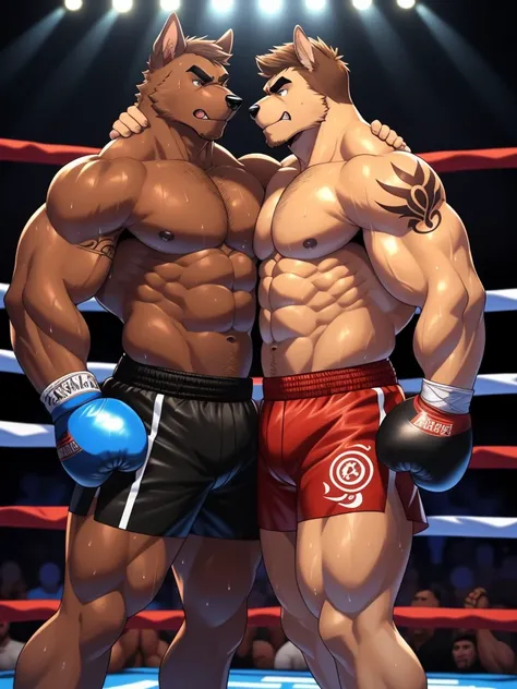 Duo male fighters(Brown Dog vs Brown Dog, handsomes, perfect eyes, Thick eyebrows), Staring(They are cuddling embraced around their necks, flexing abs, body frottage, in a boxing match), hot(Shirtless), handsomes(They are handsomes, correct anatomy), muscu...