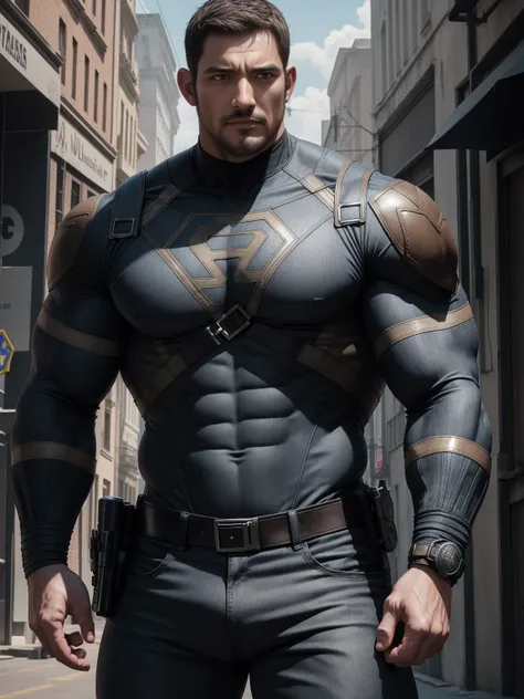 One Tall giant muscular police officer,  Buzz Cut，On the old-style outdoor streets, Wear long-sleeved grey-brown superhero Black Panther bodysuit, Denim fabric texture，The expression is arrogant, Lift your chin, Messy hair, Thick thighs, High Neck Long Sle...