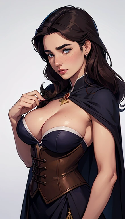 GTA character style illustration and Completely naked breasts showing a little fear Breast size Cartoon name: Isabella Cruz white background medium breasts freckled face Hermione Granger actress strong contours Physical description - long straight hair, ti...