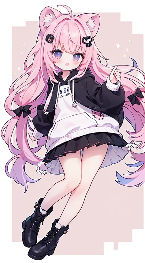 (​masterpiece、top-quality、hightquality)、full body of a young girl、One Little Girl、Long pink hair、Tied hair、Fluffy、Black short skirt、Mafia Girls、full bodyesbian、Fluffy atmosphere、Leather boots、Pure white background、smil、Active、lion motif hoodie、