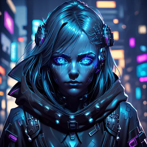 portrait of a girl with a hood on and a face covered in blue lights, glowing eyes!! intricate, intricate cyberpunk make - up, cy...