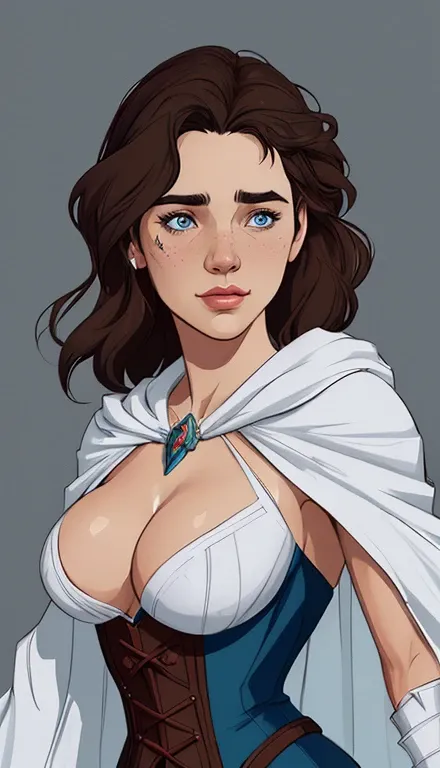 GTA character style illustration and Completely naked breasts showing a little fear Breast size Cartoon name: Isabella Cruz white background medium breasts freckled face Hermione Granger actress strong contours Physical description - long straight hair, ti...