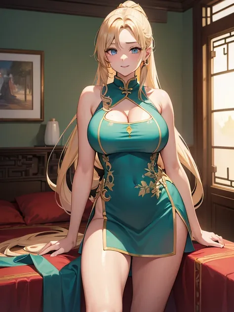 ((masterpiece, best quality, highest quality, ultra-detailed, 32K cg wallpaper, high resolution)),1 woman,golden hair,light blue eye,very long ponytail hair,center parted bangs,huge breasts,smile,parted lips, bare shoulders, light green china dress, chines...