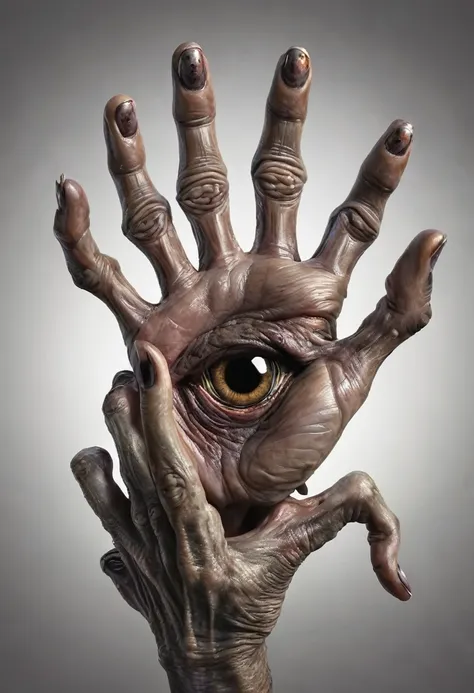 monstrous, deformed and emaciated hand with horror eyes on back and palm of hand photorealist style