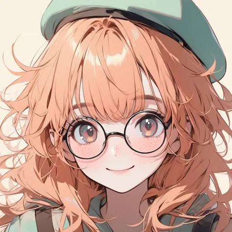 Girl, pastel orange hair, pastel colors, face close up, messy hair, adventure, explorer, beret, round glasses, smiling, pure, simple, hazel eyes, big freckles, beautiful, pretty, cute, young