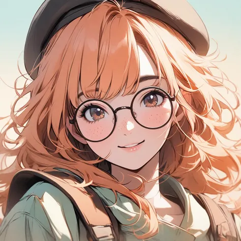 Girl, pastel orange hair, pastel colors, face close up, messy hair, adventure, explorer, beret, round glasses, smiling, pure, simple, brown eyes, big freckles, beautiful, pretty, cute, young, sexy