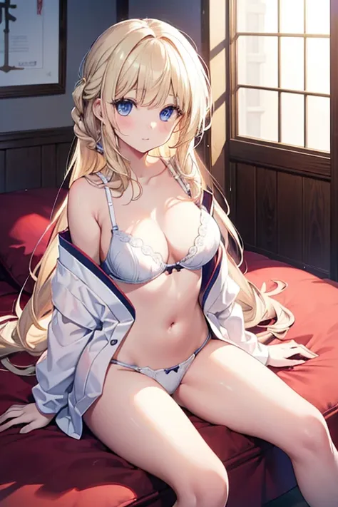 masterpiece, highest quality, High resolution, 12-year-old girl、blue eyes、
blonde,  Braiding、Long Hair、White bra、White panties、Japanese-style room、futon、Sitting cross-legged