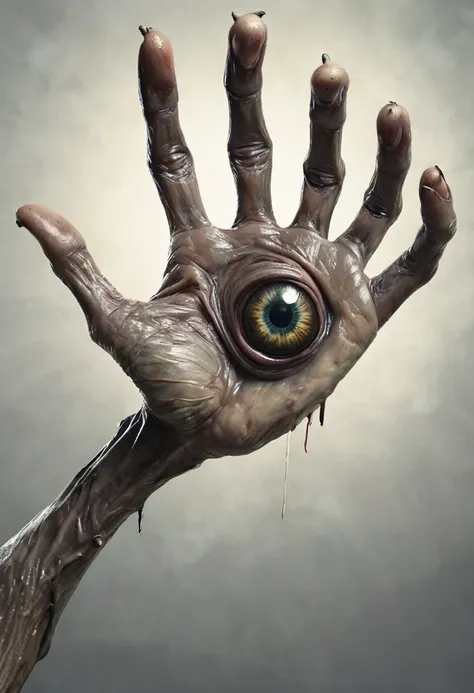 monstrous, deformed and emaciated hand with servall horror eyes on back and palm of hand photorealist style