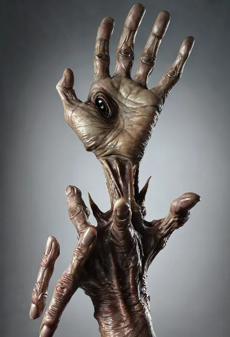 monstrous, deformed and emaciated hand with servall horror eyes on back and palm of hand photorealist style