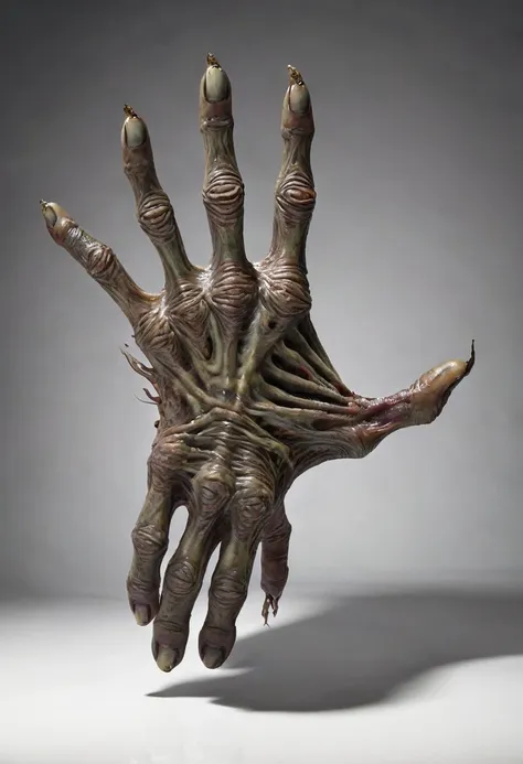 monstrous, deformed and emaciated hand with servall horror eyes on back and palm of hand photorealist style