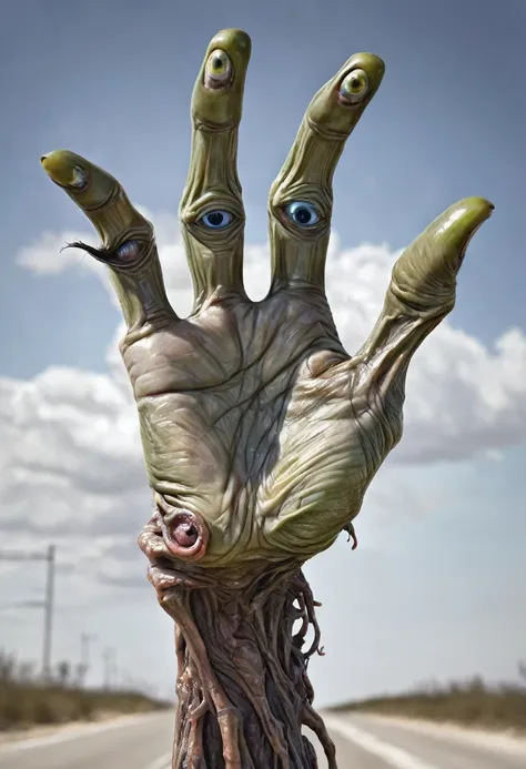 monstrous, deformed and emaciated hand with servall horror eyes on back and palm of hand photorealist style