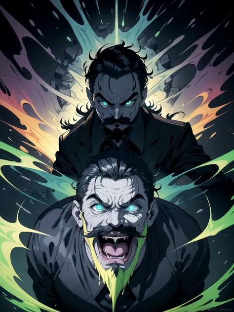 A detailed expression of a man with a mustache, radiating an ominous glow in a dark setting. His sinister atmosphere is enhanced by his evil laugh, resonating with loudness. The artwork is characterized by its sharp focus and vivid colors, creating a maste...