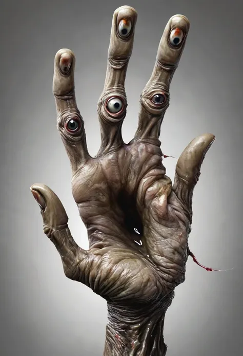 monstrous, deformed and emaciated hand with servall horror eyes on back and palm of hand photorealist style