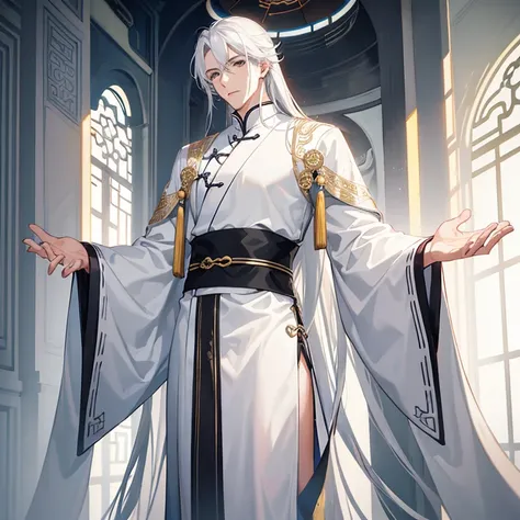 Handsome tall young man, slim build, white complexion, long loose white hair, gray eyes, gray and light blue Chinese tunic