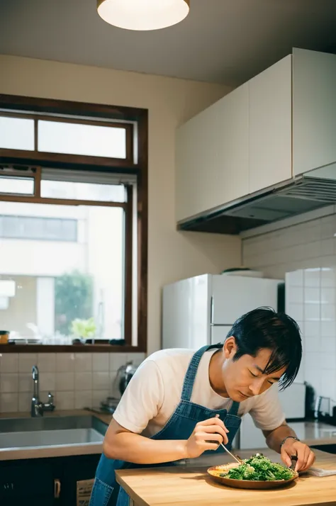 A Japanese man in his 30s cooking at the counter in his home kitchen