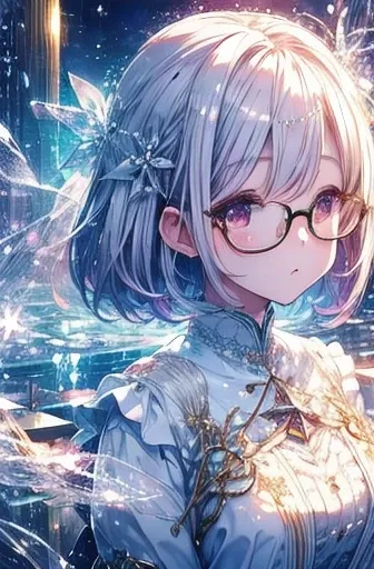 a dreamlike world、pale light、glasses、bob hair、hair clip on the right side of the bangedium breast、white sparkly clothes