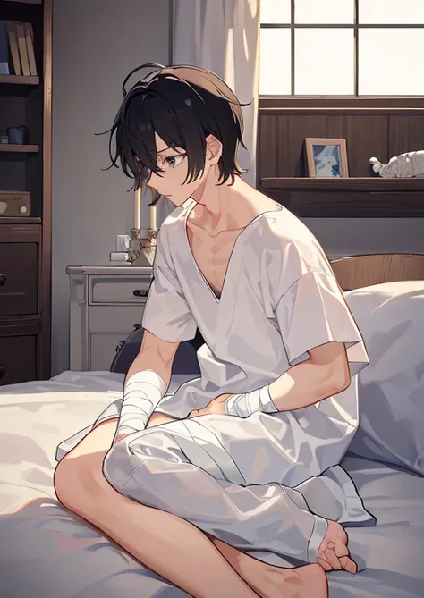 (, high quality), (1 Male 1.2)masterpiece, high quality, 最high quality,、profile、Man in bandages、17 year old male、Black short hair、I got hurt、Covered in scars、On the bed、