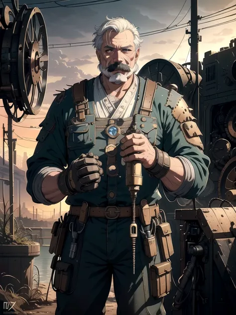 (a man with mustache:1.1)repairing a machine, (best quality,highres) detailed gears, (realistic) oily hands, (hdr) vibrant color...