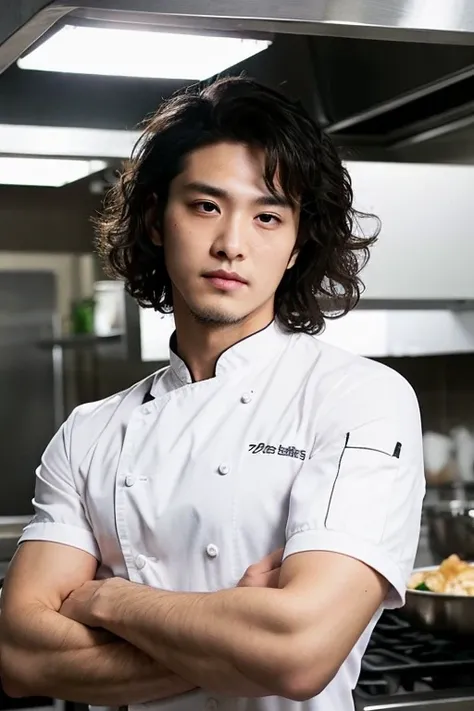 ((highest quality)), ((masterpiece)), (detailed), Perfect face male chef,Knife,Muscular,Black Hair,Long Hair,Perm,Upper Body,Serious expression