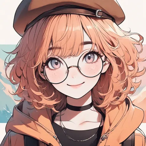 girl, pastel orange hair, pastel colors, face close up, messy hair, adventure, explorer, brown beret, big round glasses, smiling...