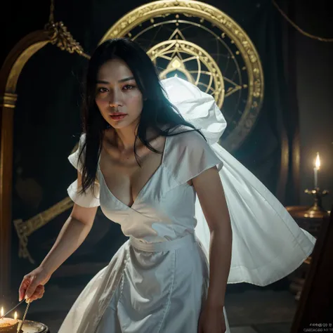 A divine Asian spirit, Malaysian woman, age 25, ankle length hair, white billowing silken robes with platinum trim, glowing eyes, and a holy aura, floats above a magic circle in a medieval European village. (best quality, 4k, highres, masterpiece:1.2), ult...