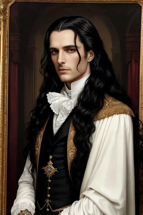 Photo of Lestat de Lioncourt, hyper-realistic, epicrealism, captured in an immaculate portrait. A timeless vampire, with long, wavy black hair cascading down his shoulders, (elongated fangs:1.2), sharp, piercing crimson eyes reflecting ethereal intensity. ...