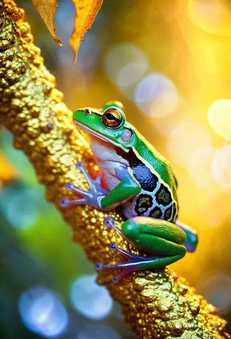 animal photography, animal channel tv series photography of colorful frog on golden tree, high-resolution,ultra-detailed, close-up, ethereal colors, mystical lighting,  silent forest